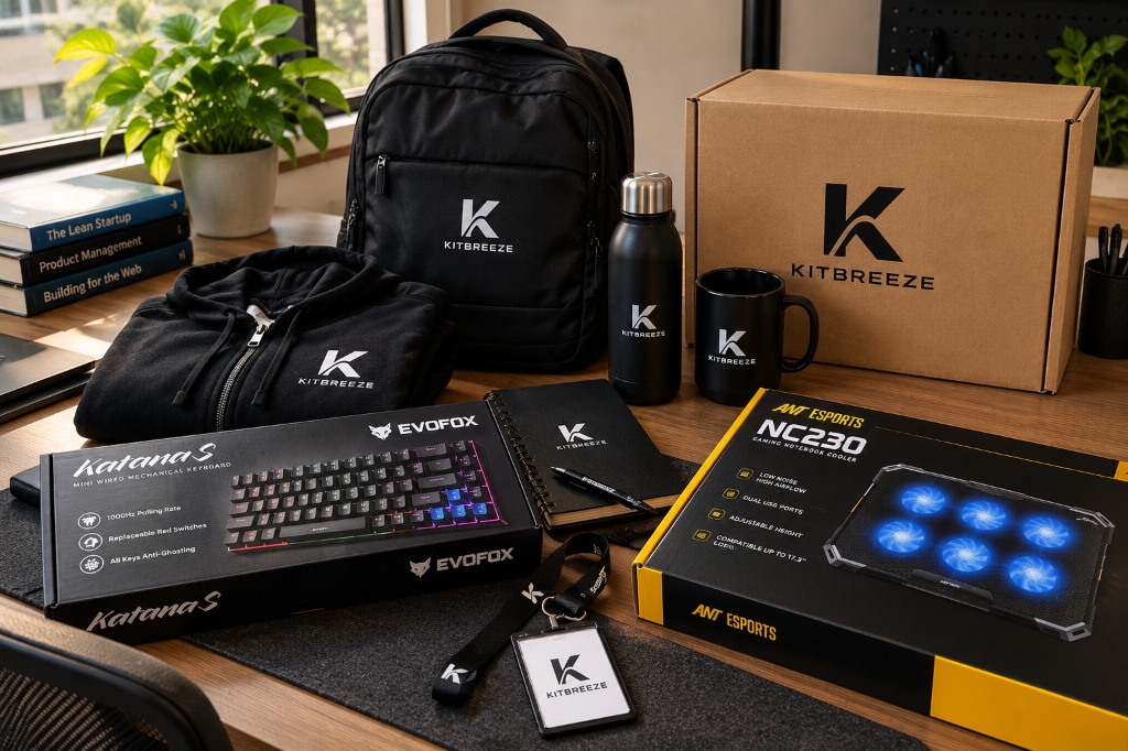 KitBreeze Ambassador Welcome Kit flat-lay containing backpack, hoodie, keyboard in retail box, notebook cooler in retail box, thermal flask, mug, journal, and ID lanyard